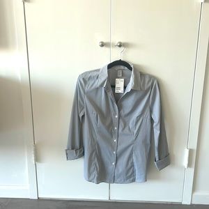 Pair of 2: Collared gray/white and solid black button down fitted blouses
